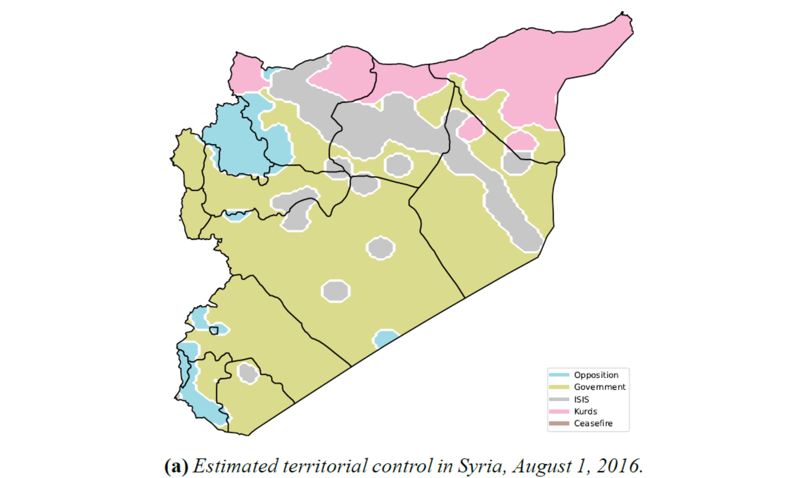 A map showing the estimated territorial control in Syria, August 1, 2016. Included in the index are opposition, government, ISIS, Kurds, and ceasefire. 